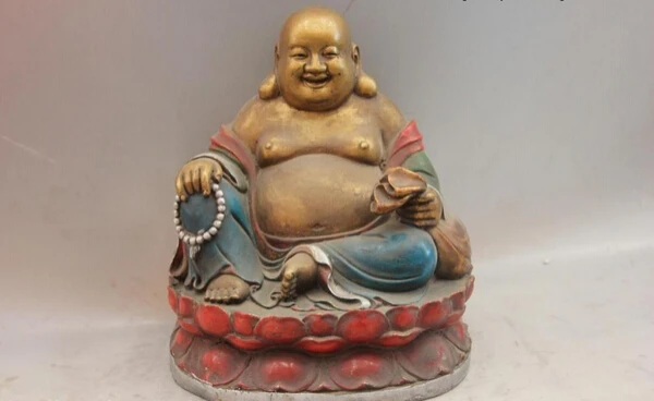 

150401 S0928 Chinese Folk Bronze Color Painted Buddhist Cloth bag Monk Maitreya Buddha Statue