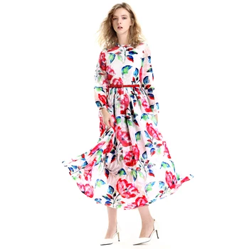 

Romantic Rose Print Long Dresses Runway 2018 Spring Elegant Holiday Turtleneck Waist Elastic New Arrival Exquisite Ladies Dress