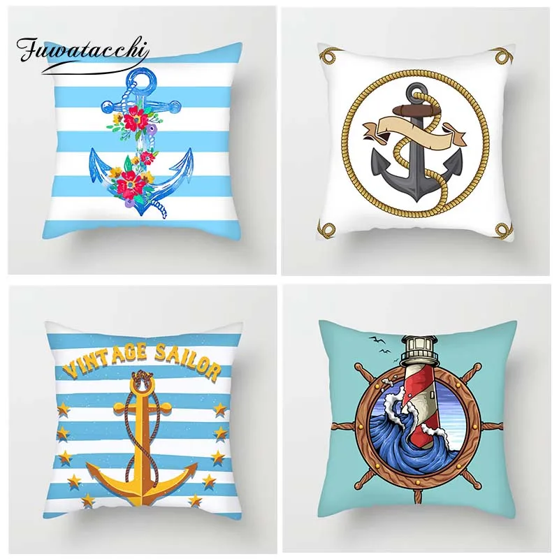

Fuwatacchi Special Anchor Cushion Cover Cartoon Navigation Compass Anchor Throw Pillow Cover Lighthouse Captain Pillowcases