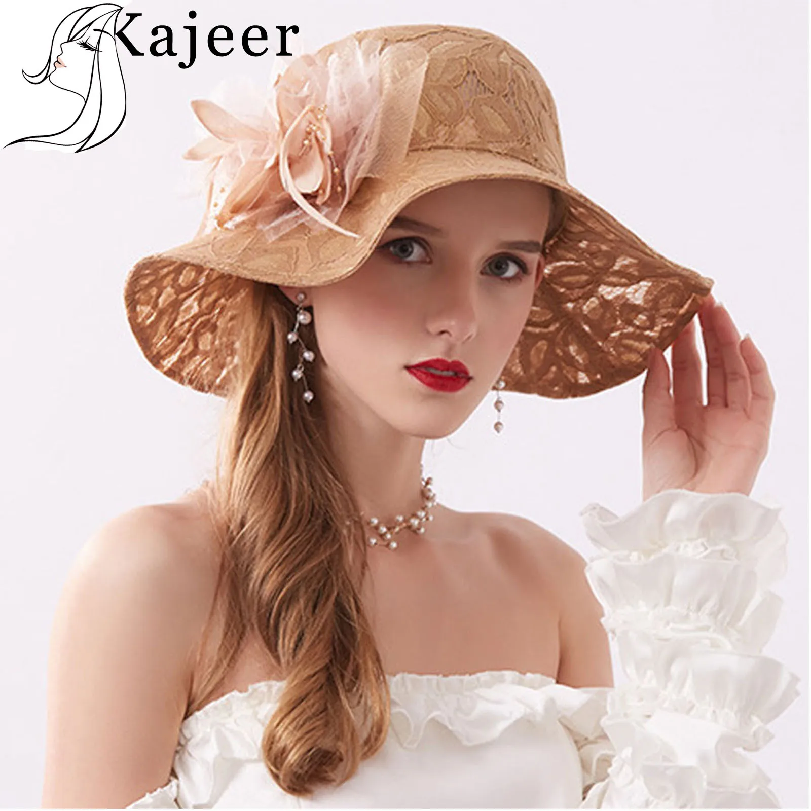 Cena Kajeer eleganckie kobiety kwiat słońce duże czapki z daszkiem kościół kapelusze pani kapelusze lato składany oddychająca czapka dla dziewczynek