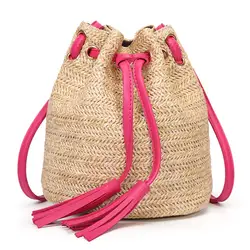 Новый для женщин кисточкой соломы сумки женские Винтаж ротанга трикотажная Сумка летние пляжные леди повседневное ткань сумка