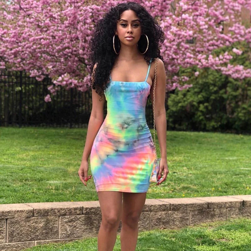 

Colorful Print Spaghetti Strap Dress With Micro Fiber Lining Women Sexy Backless Bodycon Mini Dress Summer Autumn Streetwear