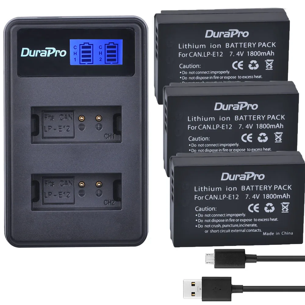 3 аккумулятора DuraPro LP E12 LPE12 Аккумулятор для камеры аккумулятор + зарядное