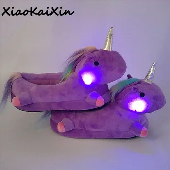 

Unisex Glowing Unicorn Plush Slippers for Women&Teenage Winter Warm PP Cotton Indoor LED Light Fluffy Slippers Chausson Licorne