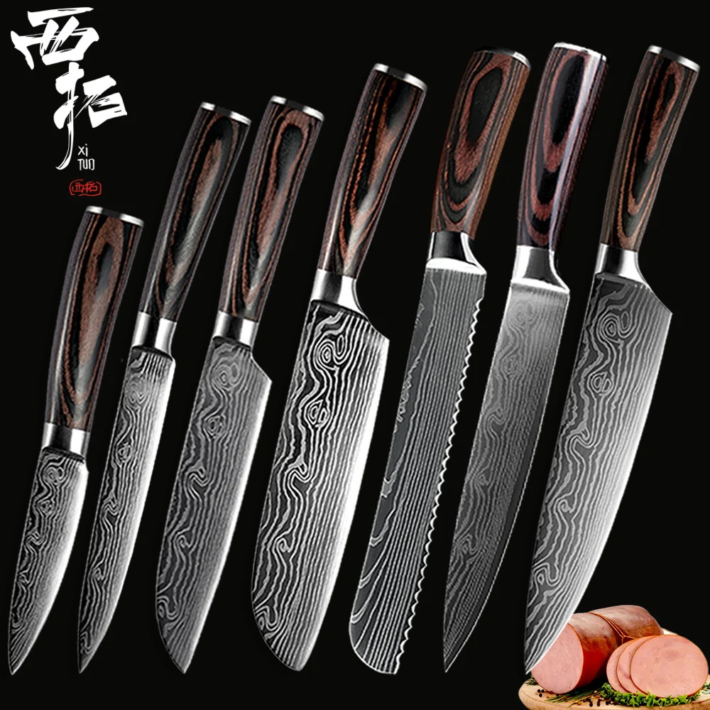 

XITUO Kitchen Chef Knife Stainless Steel Damascus Pattern Cut Fruit Vegetable Cleaver Bread Cooking Tools Colored Wood Handle