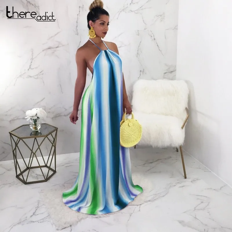 

Sexy 2018 Sexy Girls Elegant Women Rainbow Strip Print Backless Halter Oversize Maxi Long Dress Summer Party Nightclub Dress