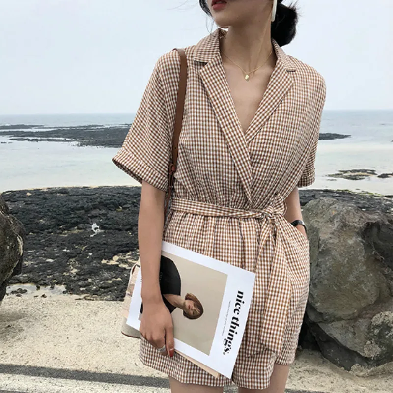 2019 Summer New Retro Style Simple Fashion Shorts Suit Collar Plaid Casual Jumpsuit Plus Size Bandage Jumpsuit