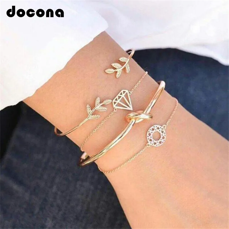 Docona 4 Pcs/set Trendy Leaf Hand Cuff Fashion Gold Chain Geometry Open Bracelet set Women Charm Beach Jewelry Bracelets 6115