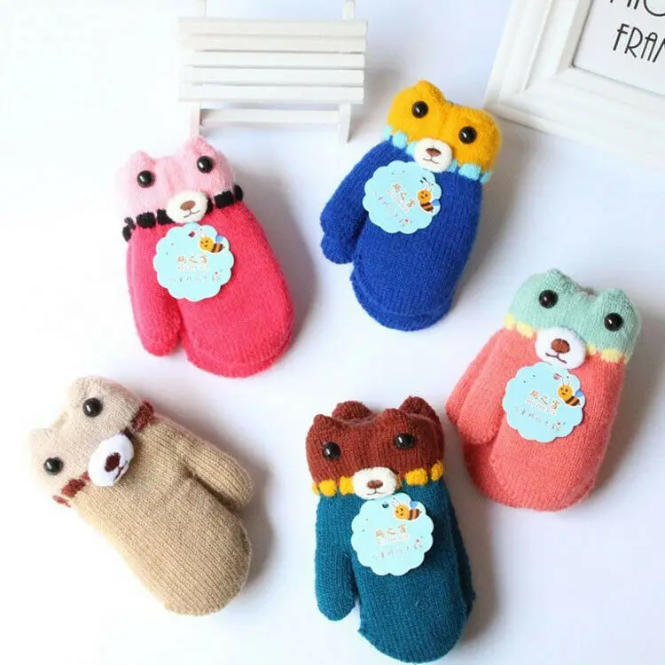 

Winter Warm Toddlers Boy Girls Kids Thick Fur Gloves Neck String Mittens Cartoon Pattern