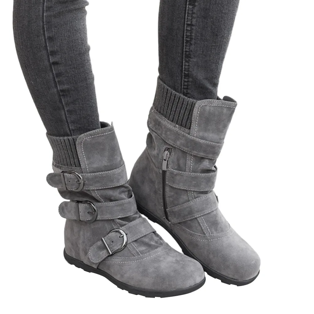 

winter boots women Suede Round Toe Zipper Flat Pure Color Buckle Strap Keep Warm Snow Boots high quality botas mujer