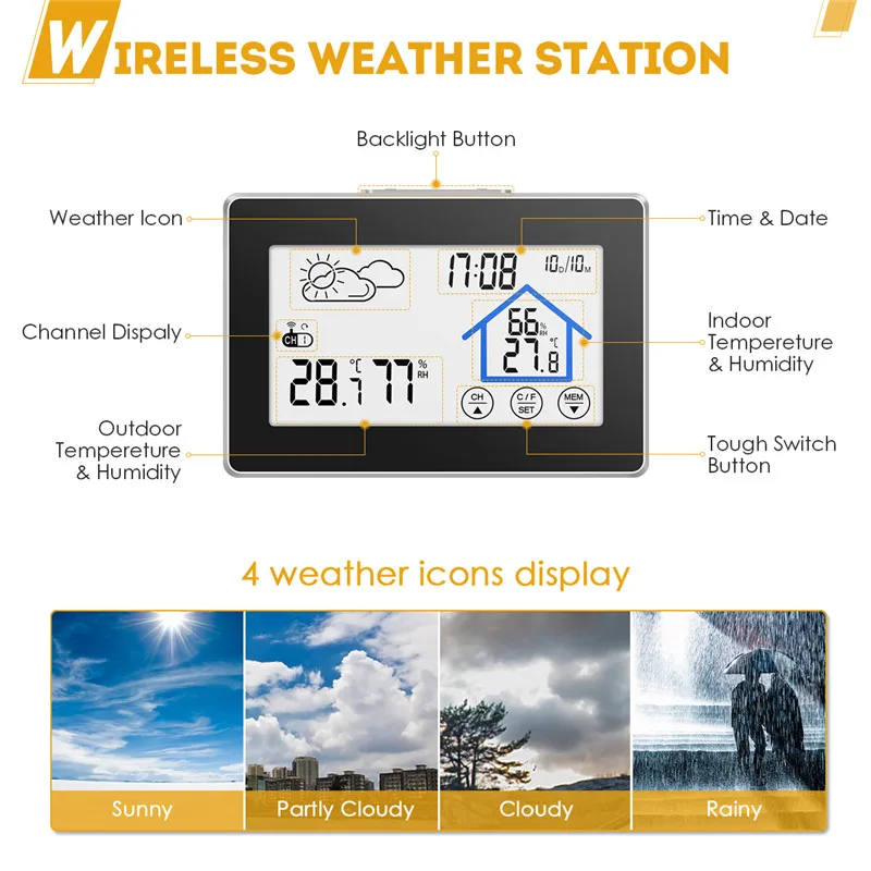 Digoo DG-TH8380 беспроводной экран метеостанции Forecaster С Температура Влажность термометр Открытый прогноз погоды сенсорные часы