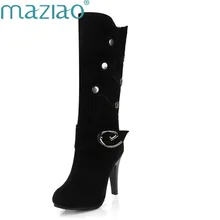 MAZIAO/ г. новые женские сапоги до колена, высокие сапоги, большие размеры 34-43, распродажа, сапоги из флока с круглым носком и пряжкой на шпильке