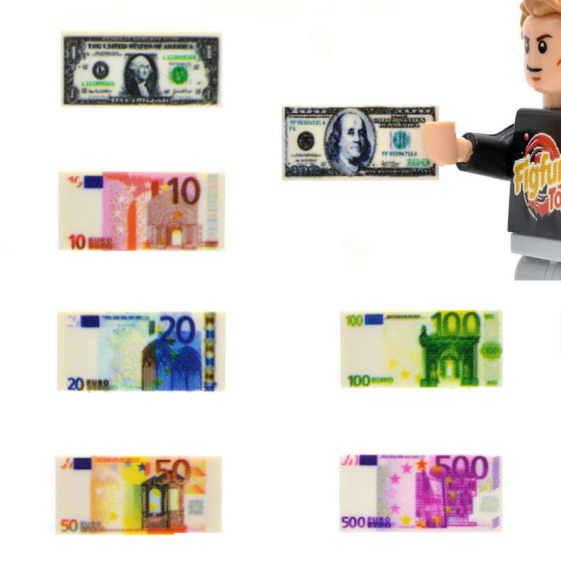 

10pcs/lot 1*2 Bricks US Europe Tiles Money Paper Banknote 100 Dollars EUR 500 MOC Building Blocks Toys for Children