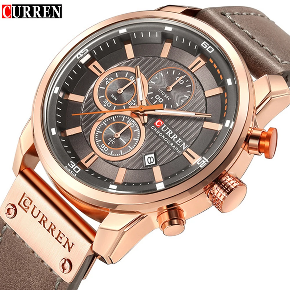 Mens Watches Top Brand Luxury Fashion Casual Waterproof Chronograph Date Genuine Leather Sport Military Male Clock CURREN 8291