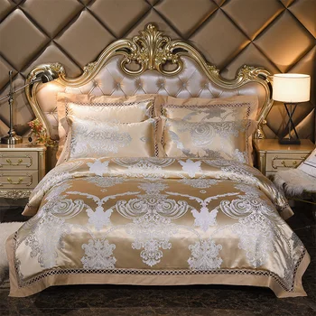

Home Textile Jacquard Silk Cotton Duvet cover Bed sheet Pillowcases Queen King Size 4Pcs Hollow out Satin Bedding set Luxury