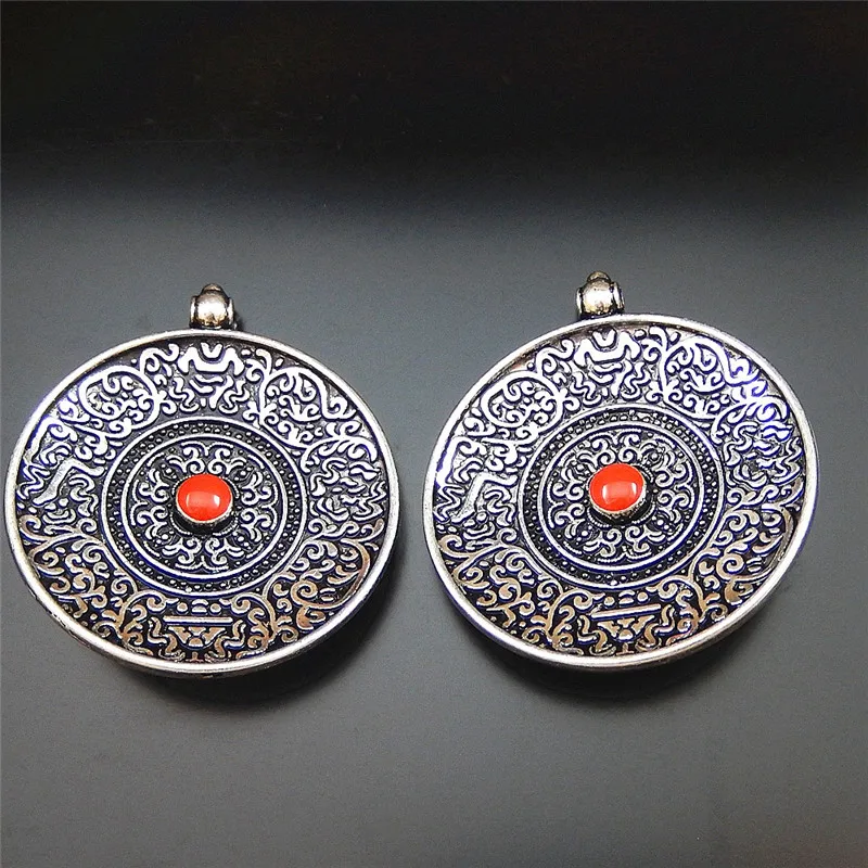 

GraceAngie Tibetan Antique Metal Round Plate Vintage Pattern Jewelry Making Charms Enamel Blue Red Decoration Pendant Charms