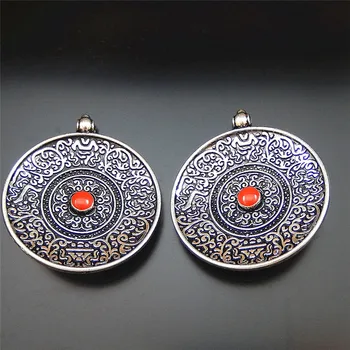 

GraceAngie Tibetan Antique Metal Round Plate Vintage Pattern Jewelry Making Enamel Blue Red Decoration Pendant Charms