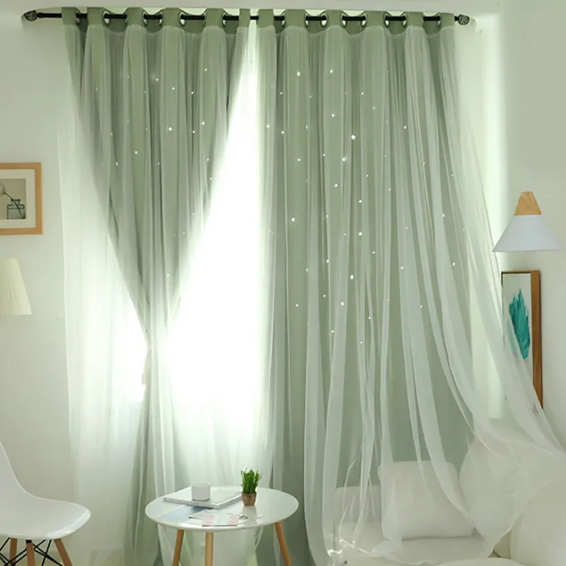 Nordic Ins Modern Tulle+Black Out Double Curtains with Star Tassel Black Out Blinds Window Curtains For Living room Home textile