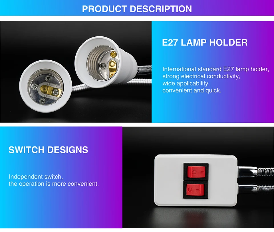 Гибкая лампа с двойной головкой, цоколь, светильник E27, AC85-265V, удлинитель, преобразователь вкл/выкл, светодиодный держатель лампы, винтовой разъем, штепсельная вилка стандарта ЕС/США