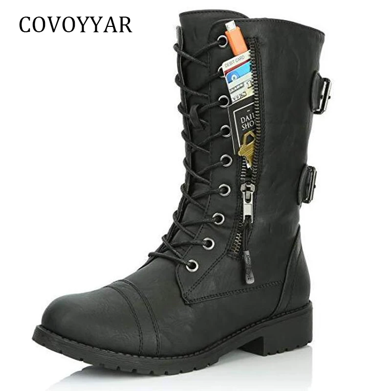 

COVOYYAR 2018 Women Boots Side Zip Buckle Military Combat Boots Credit Card Pocket Booties Lace Up Black Shoes Big Sizes WBS949