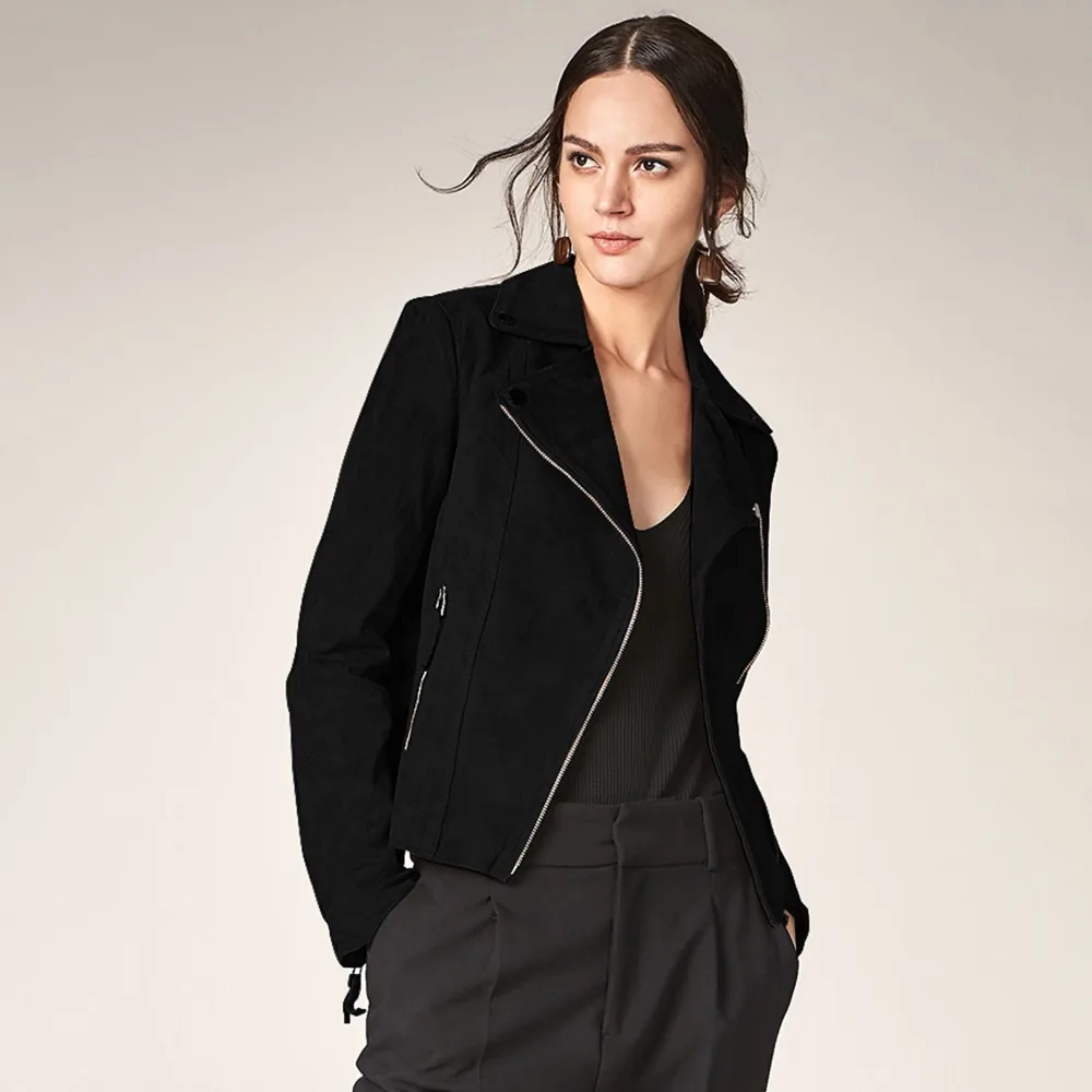 Женская куртка из натуральной кожи на молнии с отложным воротником|fashion jacket