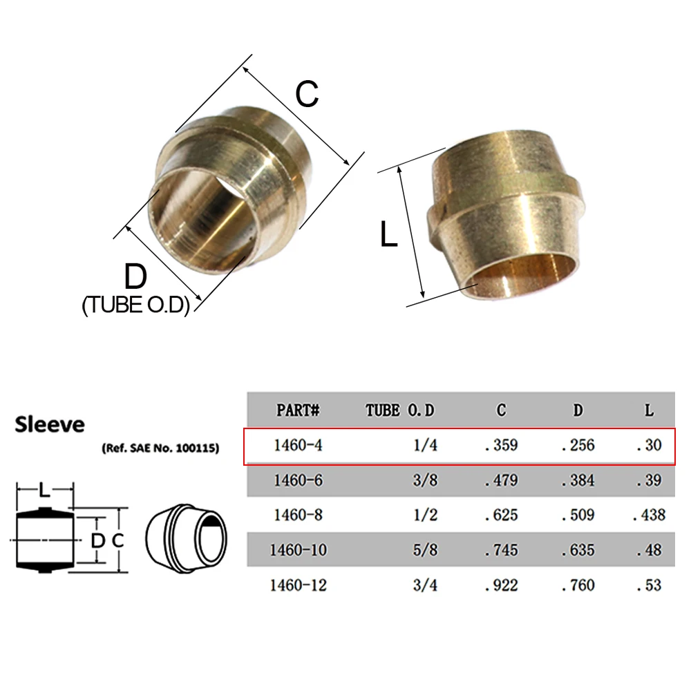 10 шт. D.O.T воздушные тормозные трубки, латунный фитинг компрессионный рукав фитинг рукав, металлический ободок кольцо для 1/4 дюймов O/D трубки 1460
