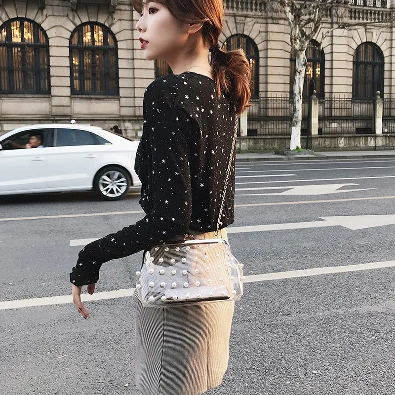 Hot 2019 Brand Fashion Shoulder Bag Pearl Beaded Crossbody Bag Wild Transparent Jelly Chain Bags For Women PU Small Square Bags