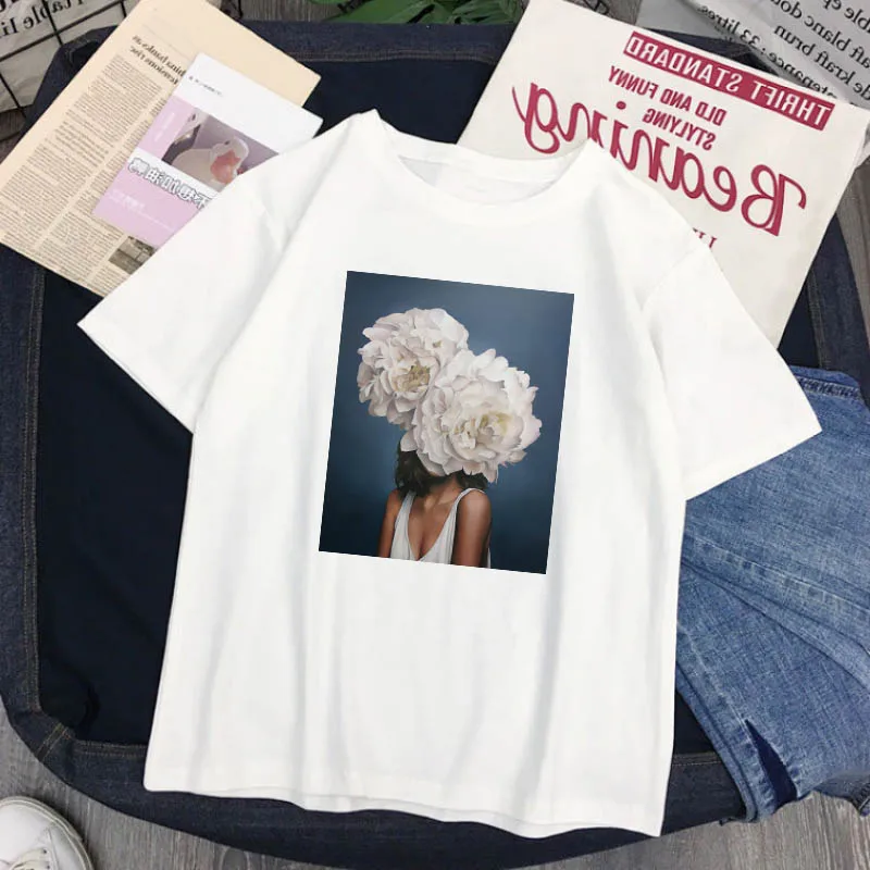 Летняя женская Повседневная футболка с цветочным принтом Ulzzang, с коротким рукавом, новинка, свободные топы ulzzang, Harajuku, футболки, S-2XL, футболка с круглым вырезом - Цвет: 6