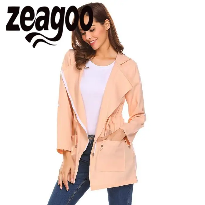 Zeagoo рукавом легкий с капюшоном Roll Up Для женщин Zip Drawstring Повседневное Тренч|Плащи и