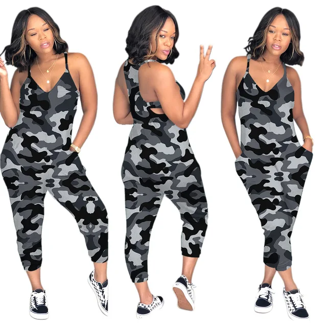 Plus Size Camouflage Print Jumpsuit Bodycon Overalls Spaghetti Strap