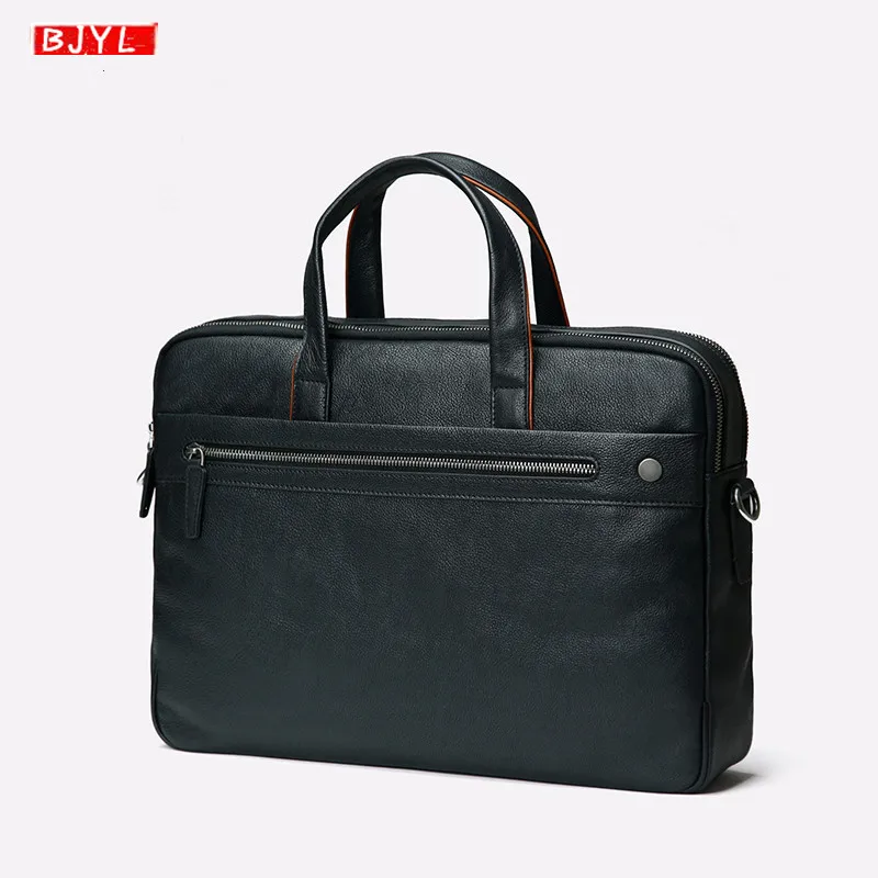 

BJYL New Genuine Leather Men's briefcase business black leather Handbag Casual Shoulder Bag Large Capacity Computer Briefcases