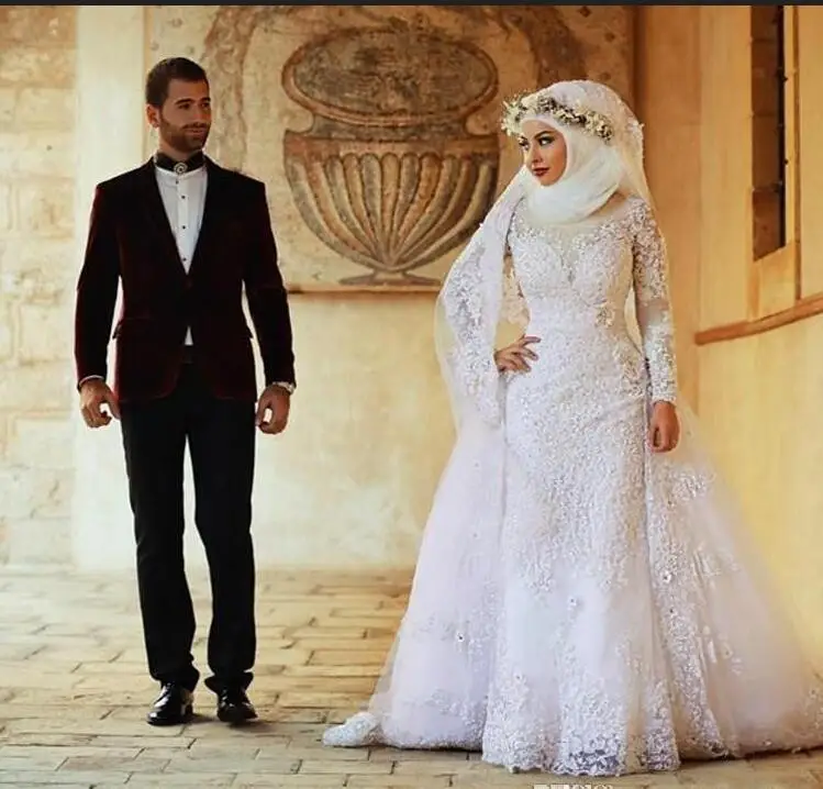 Арабское, с длинными рукавами кружевный мусульманский юбка свадебные платья, арабские исламский мусульманский хиджаб свадебное платье высокий вырез, свадебные платья с вуалью