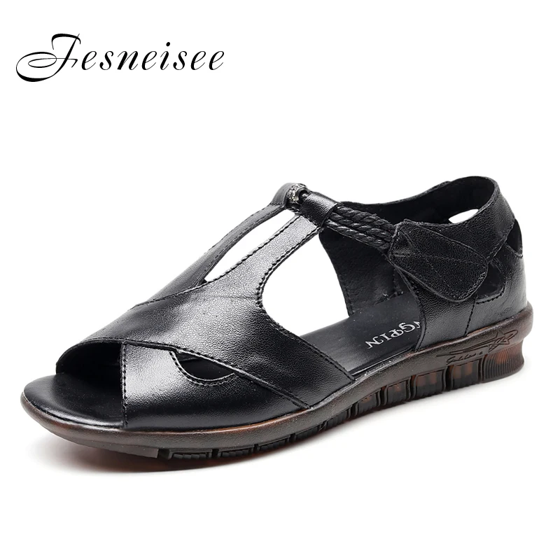 

2019 New Summer Sandals Female Handmade Genuine Leather Casual Women Shoes Non-slip Bottom Wedge Comfortable Mother Sandals