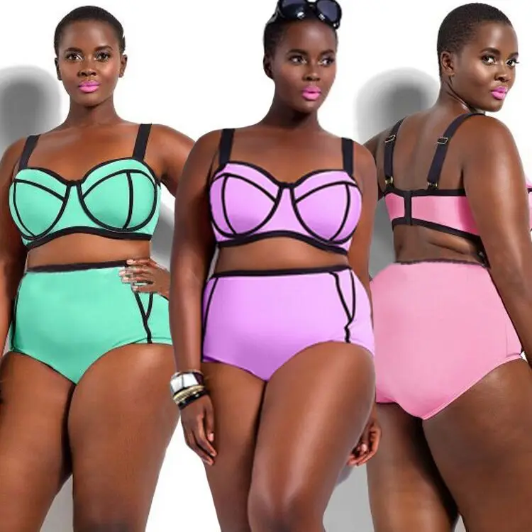 

Bikini Suits Womens Beach Padded Push up Big Size Swimsuit Pure Color BlackBathing Swimwear Swimming High Waist Plus XXXXL