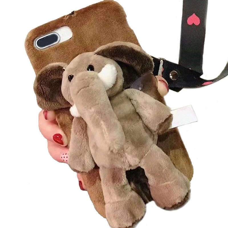 

Cartoon Doll Toy Elephant Phone Case, 3d Cute Plush Strap Kawaii Soft Warm Cover with Bracket Stand for iPhone 7 8 Case Shell