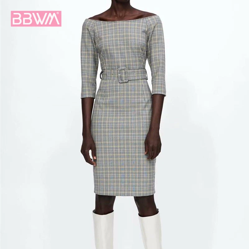 

Exquisite women's 2018 autumn belt plaid female dress Round neck straight through fashion professional women's clothing