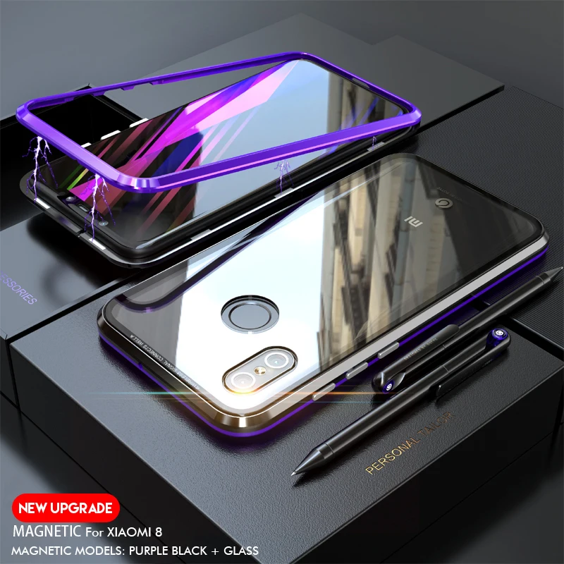 NYFundas Magnetic Adsorption Case For Xiao mi 8 Clear Tempered Glass + Built-in Magnet Case For Xiaomi 8 Metal Ultra Cover Back (1)