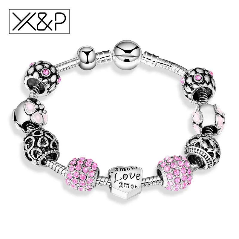 

X&P Antique Silver Charm Bracelet Bangle with Love and Flower Crystal Ball for Women Girl Wedding Fahion Bracelet Jewelry Gift
