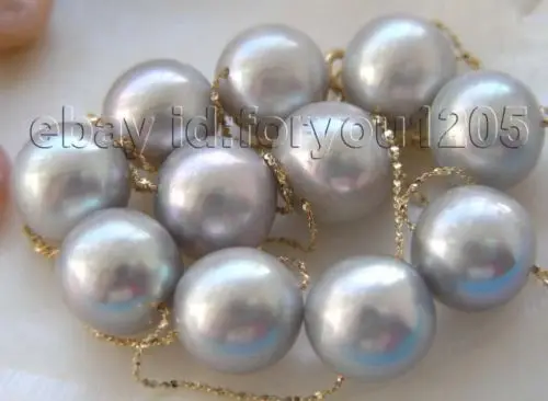 

Natural 9.5-10.5mm Round Gray Pearl Necklace 14KT Chain^^^@^Noble style Natural Fine jewe FREE SHIPPING