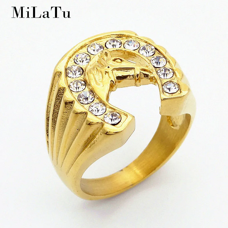 MiLaTu Bling Rhinestone Horse Head Ring Stainless Steel Horse Lovers