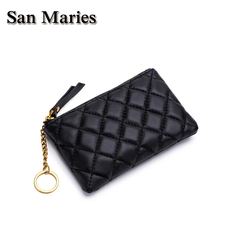 

San Maries Genuine Leather Zipper Pouch Sheepskin Plaid Purse Change Purse Small Wallets For Girls Key Ring