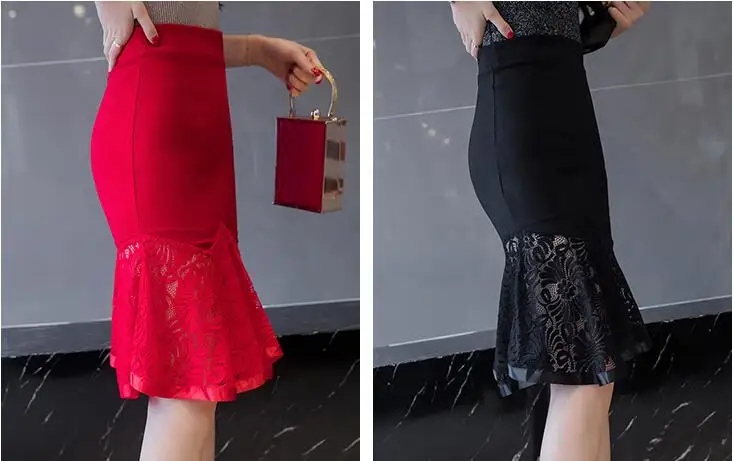 Летняя Офисная Женская юбка-труба с высокой талией, сексуальные кружевные юбки, черные, красные, длиной до колена, юбка рыбий хвост для женщин