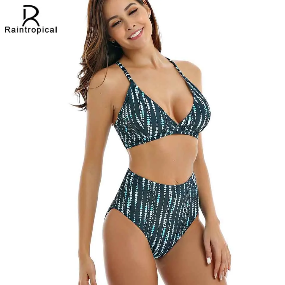 

Raintropical 2019 New High Waist Swimsuit Sexy Bikini Swimwear Women Retro Bikini Set Summer Beach Biquini Solid Bathing Suit