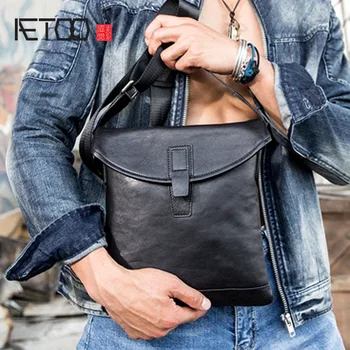 AETOO New men's bag shoulder Messenger bag leather messenger small bag first layer cowhide bag male vintage 2018 rivet genuine leather women s small messenger bag mini flap bag first layer cowhide one shoulder cross body quality bag