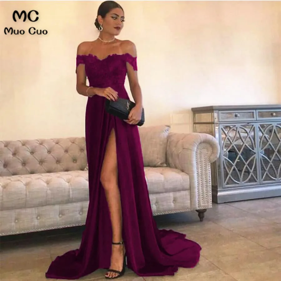Sexy Leg Slit Long Satin Sweetheart Prom Dresses Lace Off The Shoulder Evening Gowns3