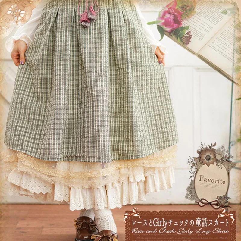 

Mori Girl Sweet Retro Plaid Skirt Women Lace Ruffle Tassel Bottom Female Kawaii Green Plaid Mid-Calf Double Layered Skirts A214