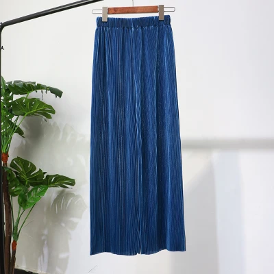 Яркие цвета плиссированные крутые широкие брюки женские летние с высокой талией свободные тонкие штаны до щиколотки длинные брюки 13 цветов - Цвет: blue