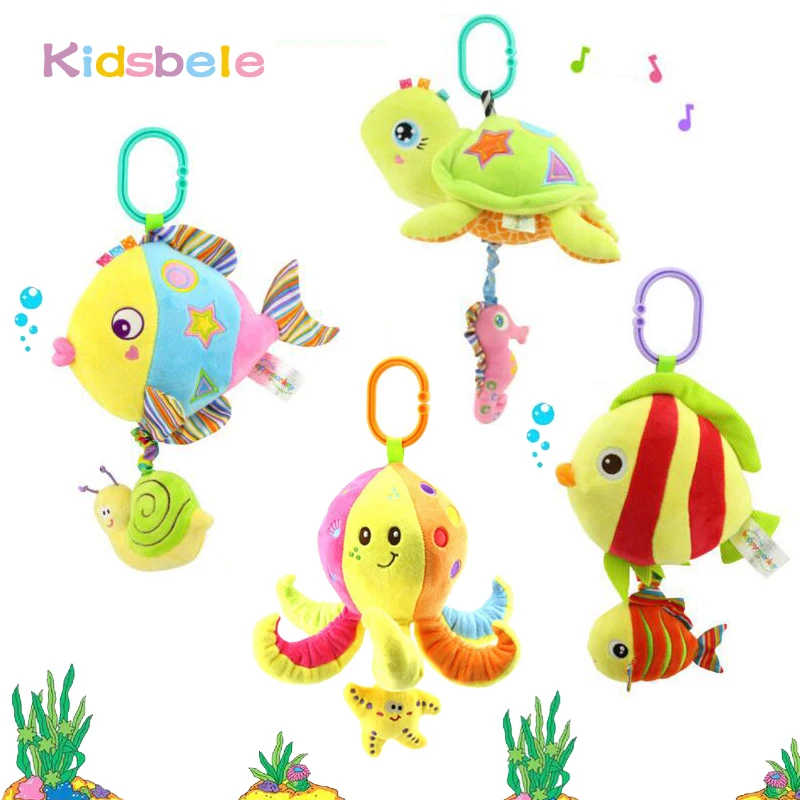 Soft Stuffed Baby Toys Sea Animal Plush Musical Rattle Stroller Hanging Toys For Children Infant