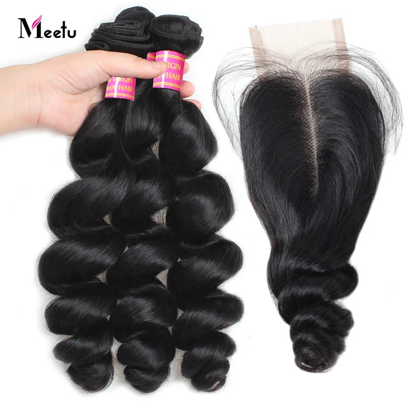 

Peruvian Loose Wave Hair Bundles With Closure Middle Part 2X4 Top Lace Closure Human Hair With Bundles Meetu Non Remy Hair Weft