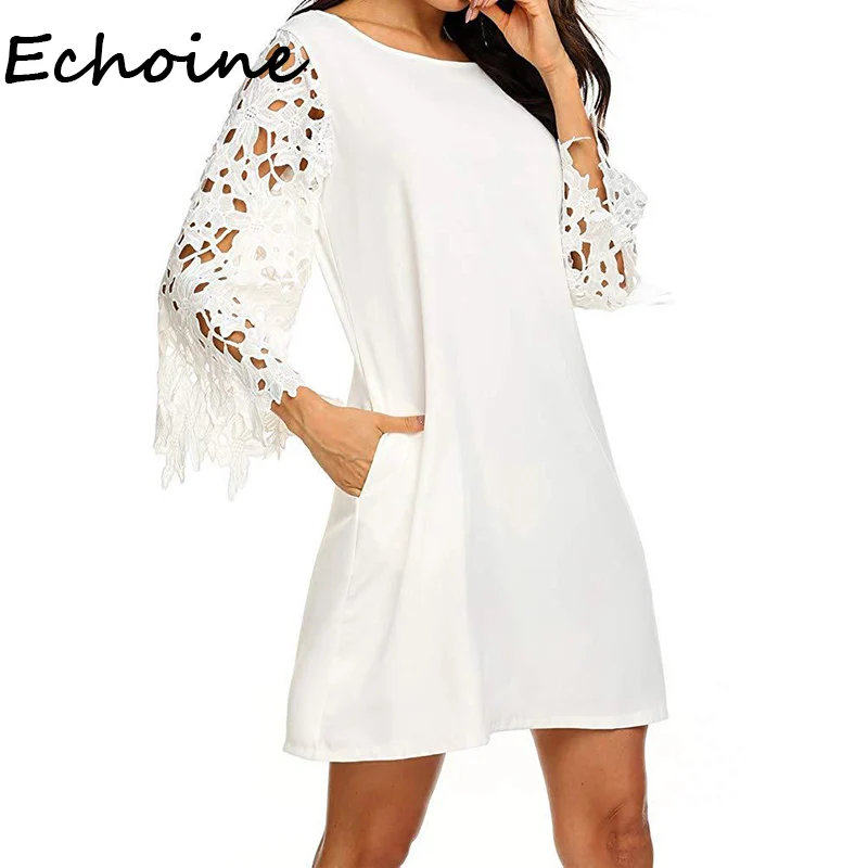

Echoine Chiffon Dress Three Quarter Sleeve O-neck With Pocket Mini Shirt Dress Beach Summer Clothes For Women Solid 4 Color Plus